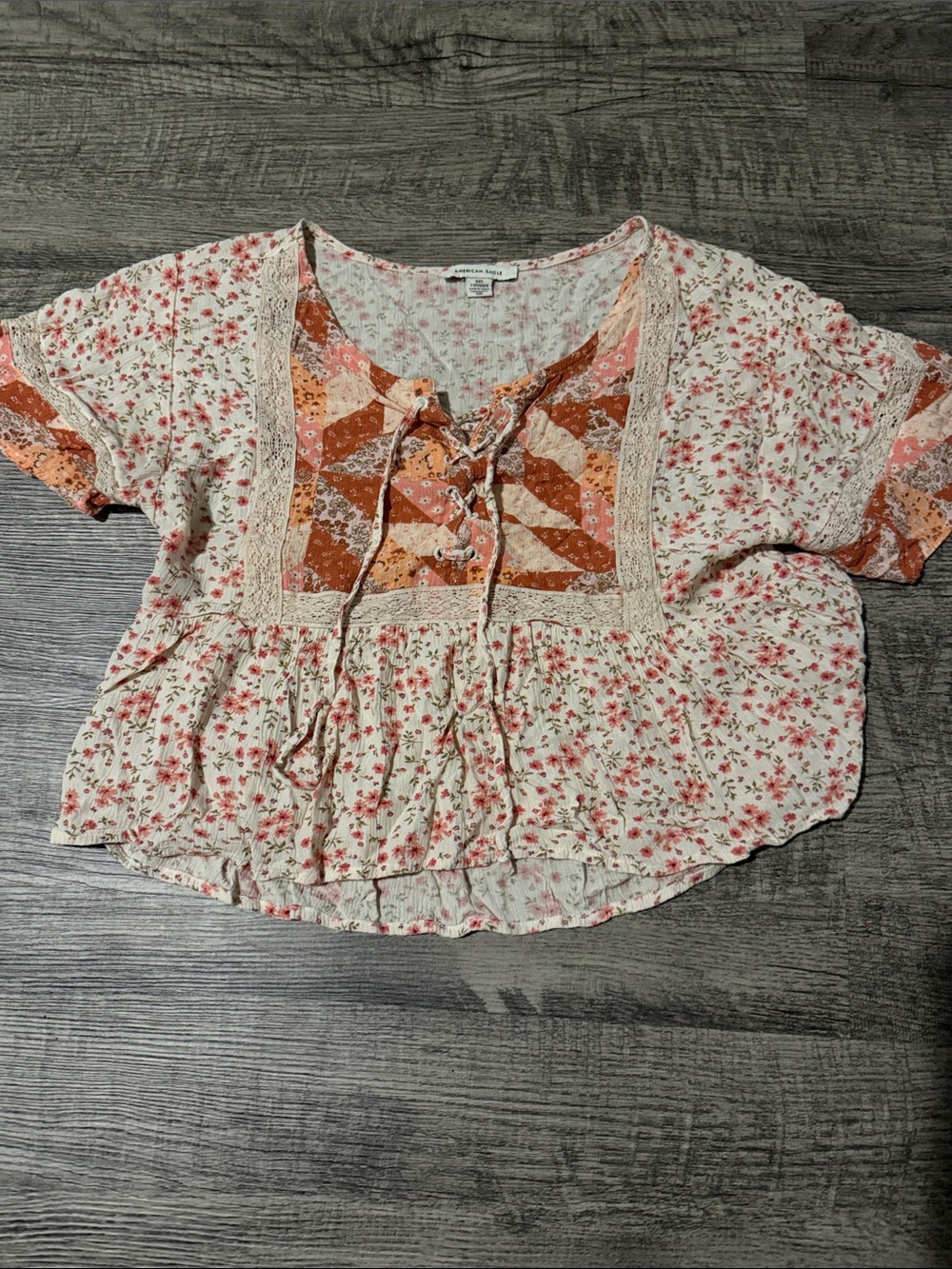 American Eagle Outfitters Cream Blouse with Rust-Pink Floral Patchwork